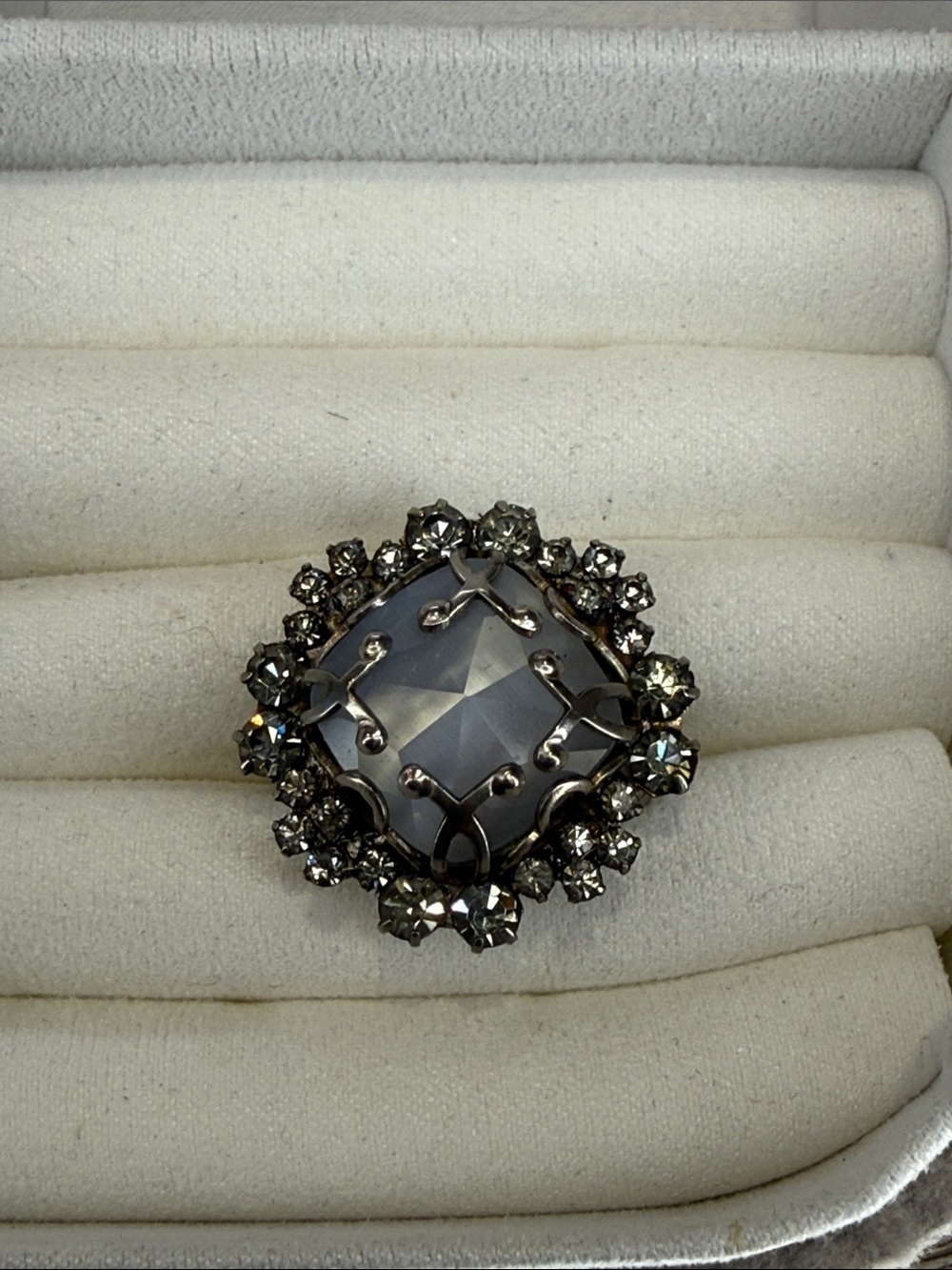 Vintage-Inspired Gray Crystal Adjustable Statement Ring